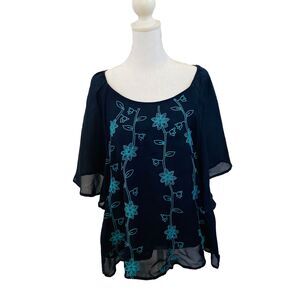 Dress Barn Top - Sheer - Lined - Kimono Sleeves - Embroidery